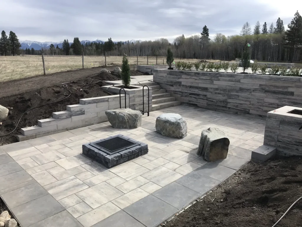 Finished sunken fire pit set into the paver terrace
