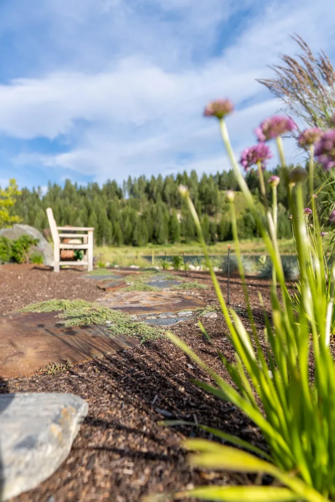 Garden bench positioned to overlook the surrounding hills