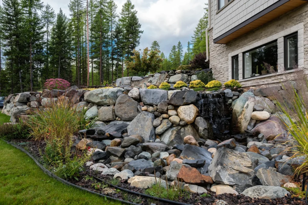 Natural waterfall descending through a rock retaining wall