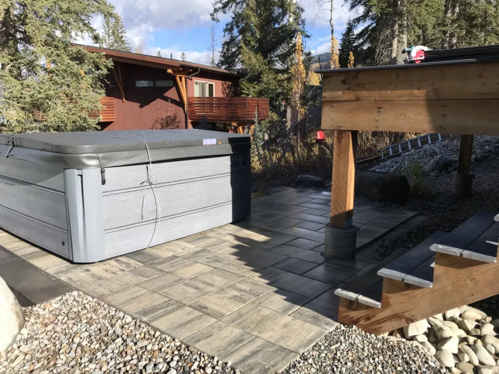 Timber access structure connecting the hot tub terrace to the home